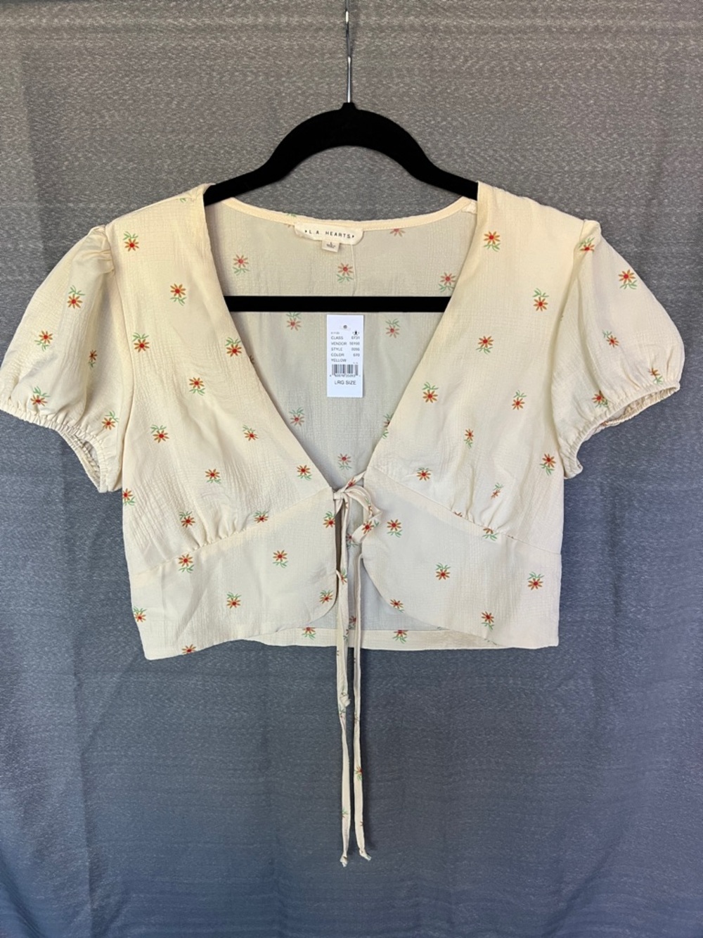 NWT La Hearts  yellow Tie-Front Crop Top with Orange Floral Ditsy large